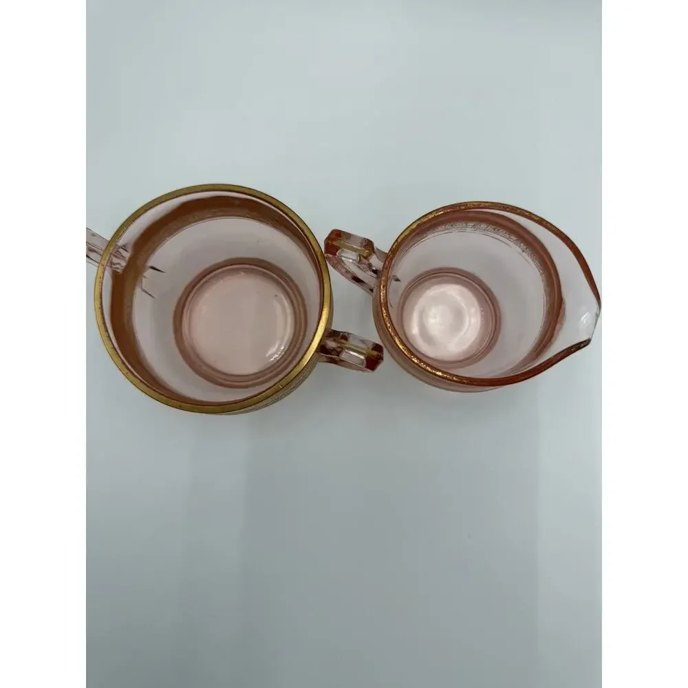 Vintage Pink Depression Glass Art Deco Sugar Bowl and Creamer